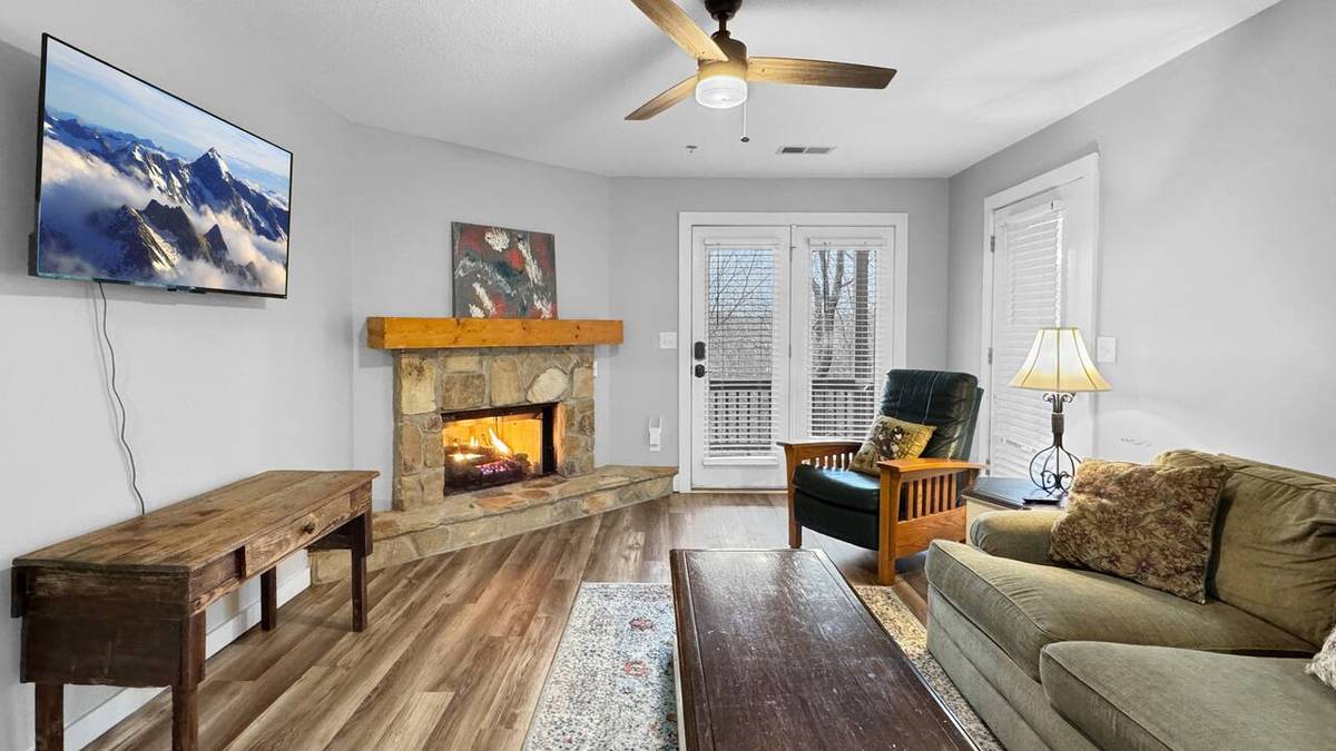 Nacoochee, 1-bedroom condo rental with stone fireplace at Innsbruck Resort in Helen, GA